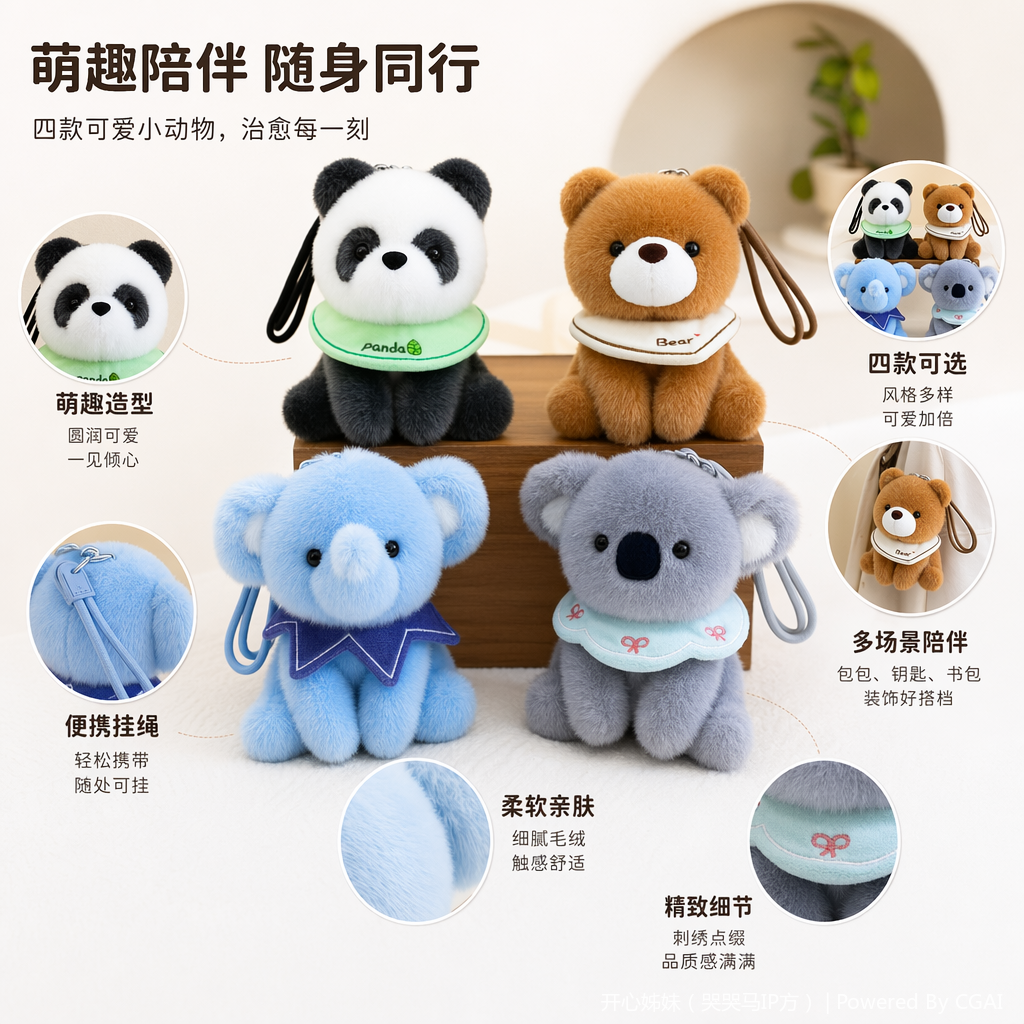 羊毛毡仿真公仔熊猫熊大象考拉围兜挂件毛绒玩具挂件