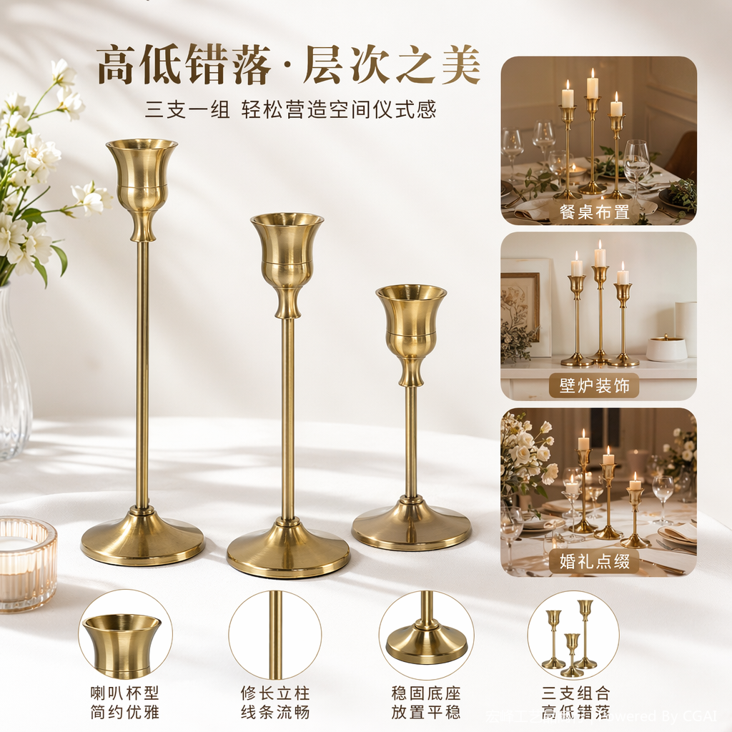 金色欧式瓷器烛台三件套 家居香氛蜡烛器皿 蜡烛杯套装