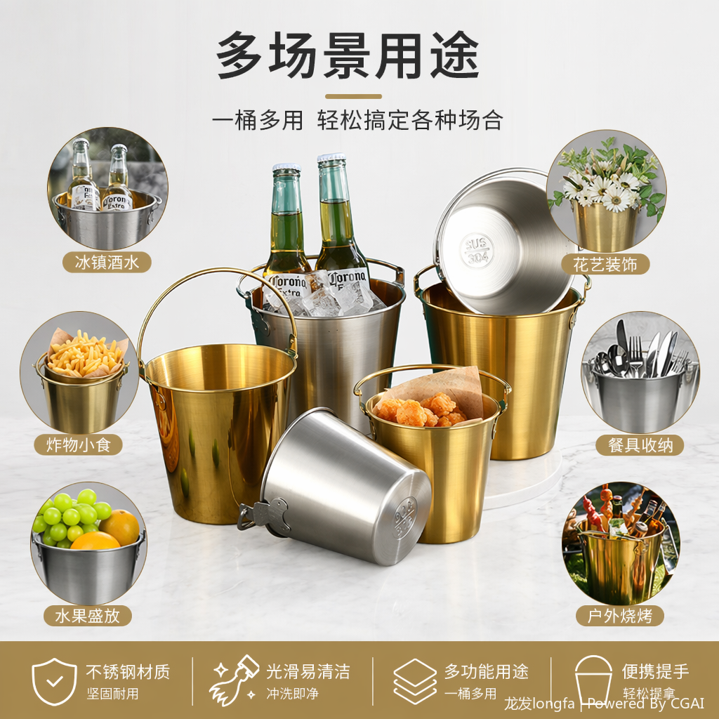 不锈钢304食品级本色金属木桶组合爆米花桶饮料杯小提桶冰桶0.7L
