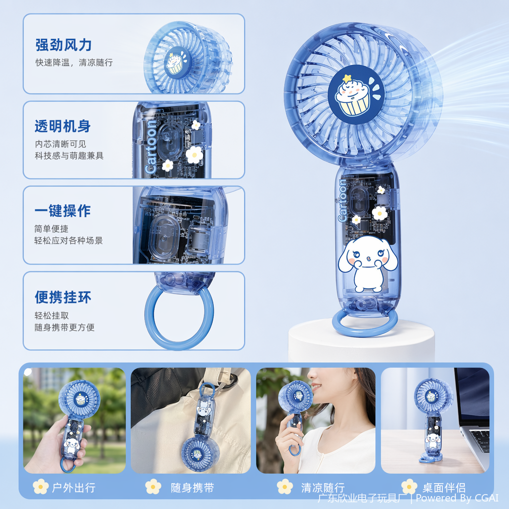 透明扣环卡通手持风扇 便携手持款