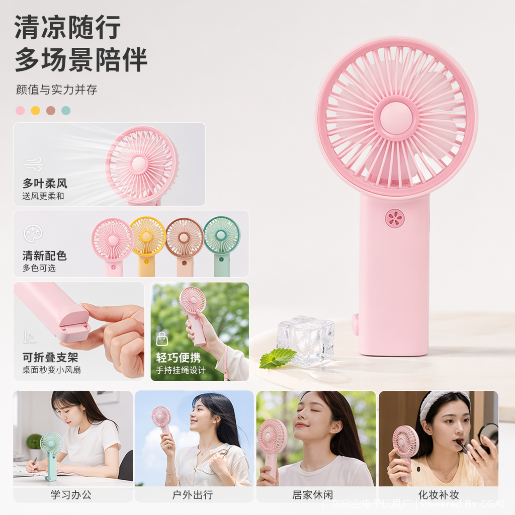 彩色USB充电风扇四色套装粉黄棕绿便携式