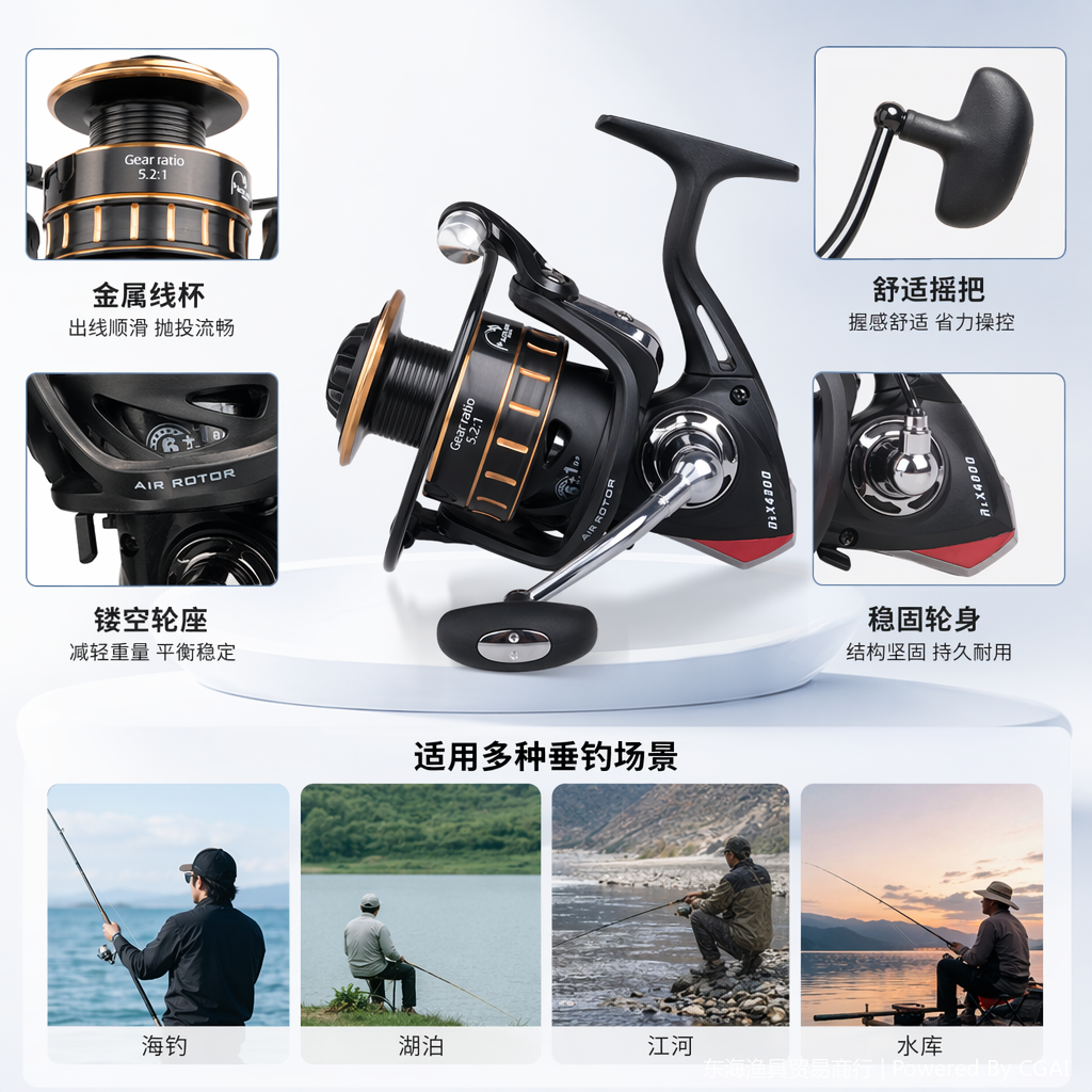 东海贸易黑色纺车轮渔线轮渔具线杯