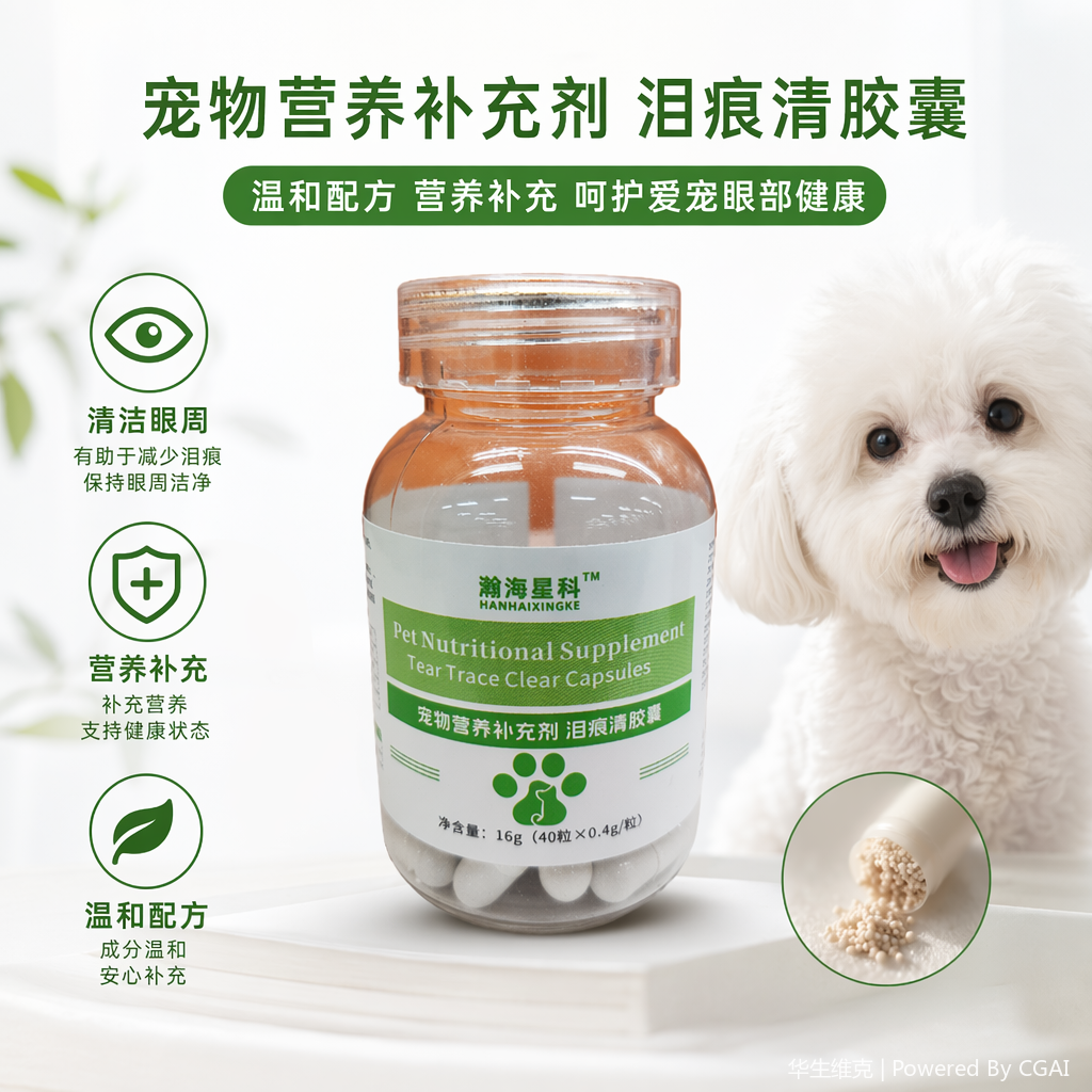 Hanhai Xingke Pet Nutrition Supplement Transparent plastic bottle capsules with green and white labels, 30 capsules