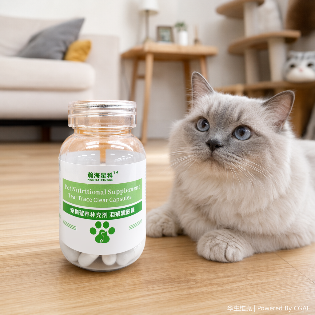 Hanhai Xingke Pet Nutrition Supplement Transparent plastic bottle capsules with green and white labels, 30 capsules details Picture