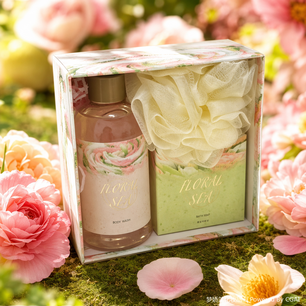 The Flower Sea series bath set includes body wash, bath balls and bath salts Specification image
