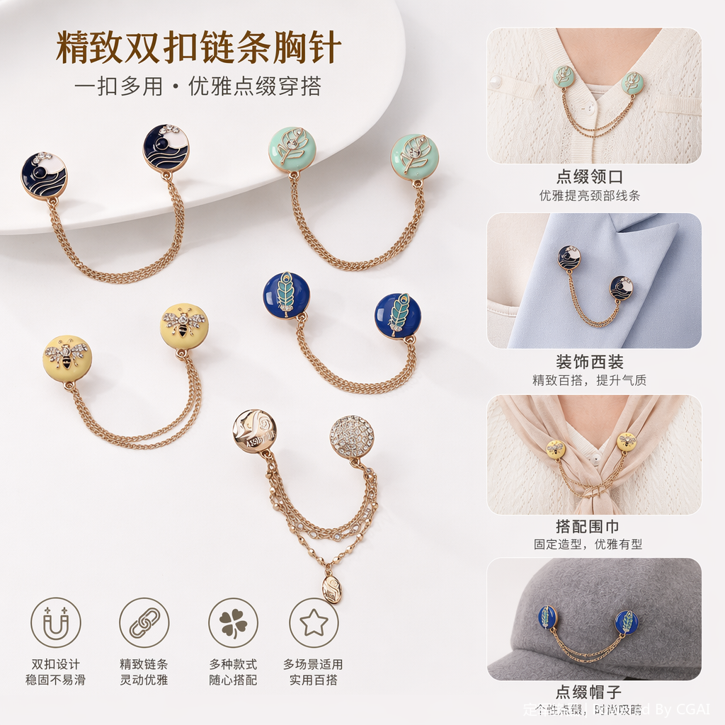 彩色链条组合胸针女士收腰时尚中古饰品穆斯林别针