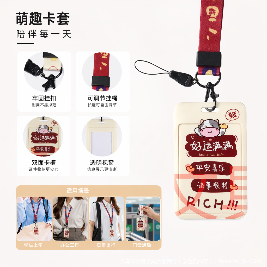 彩色牛年卡通证件卡挂绳工牌套含平安喜乐好运满满万事胜意祝福语