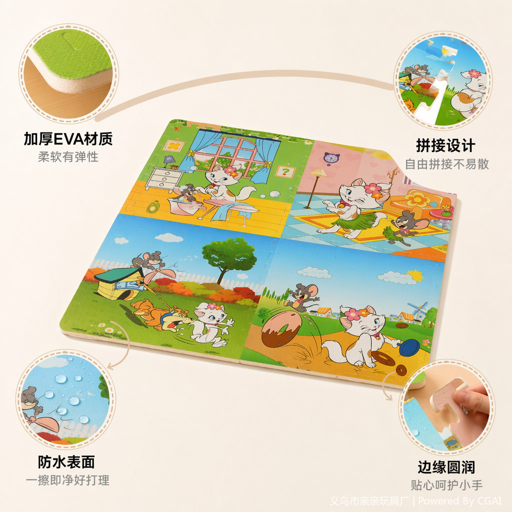 彩色卡通猫和老鼠主题入户地垫 棉线厨房浴垫几何纹地毯