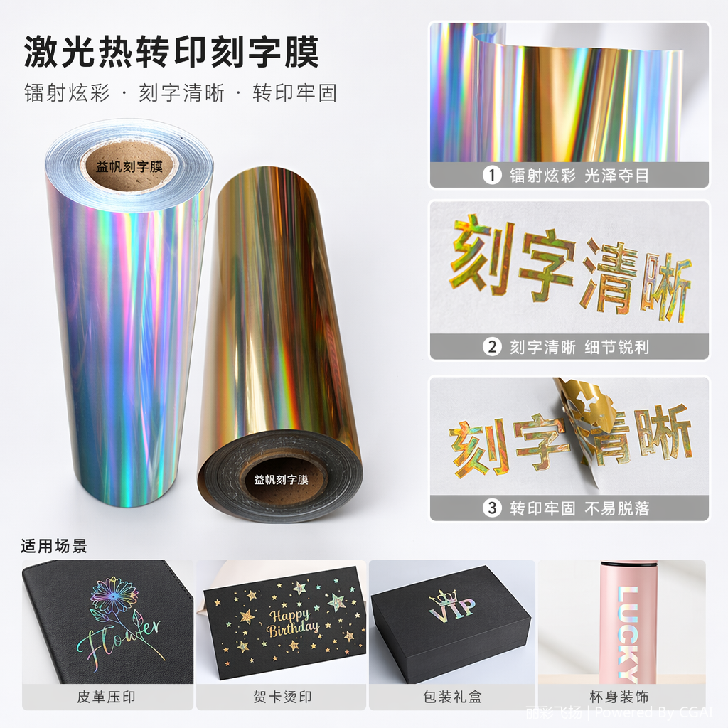 彩虹色PU软金属刻字膜卷哑光热转印PET胶片铝箔榴莲盒专用