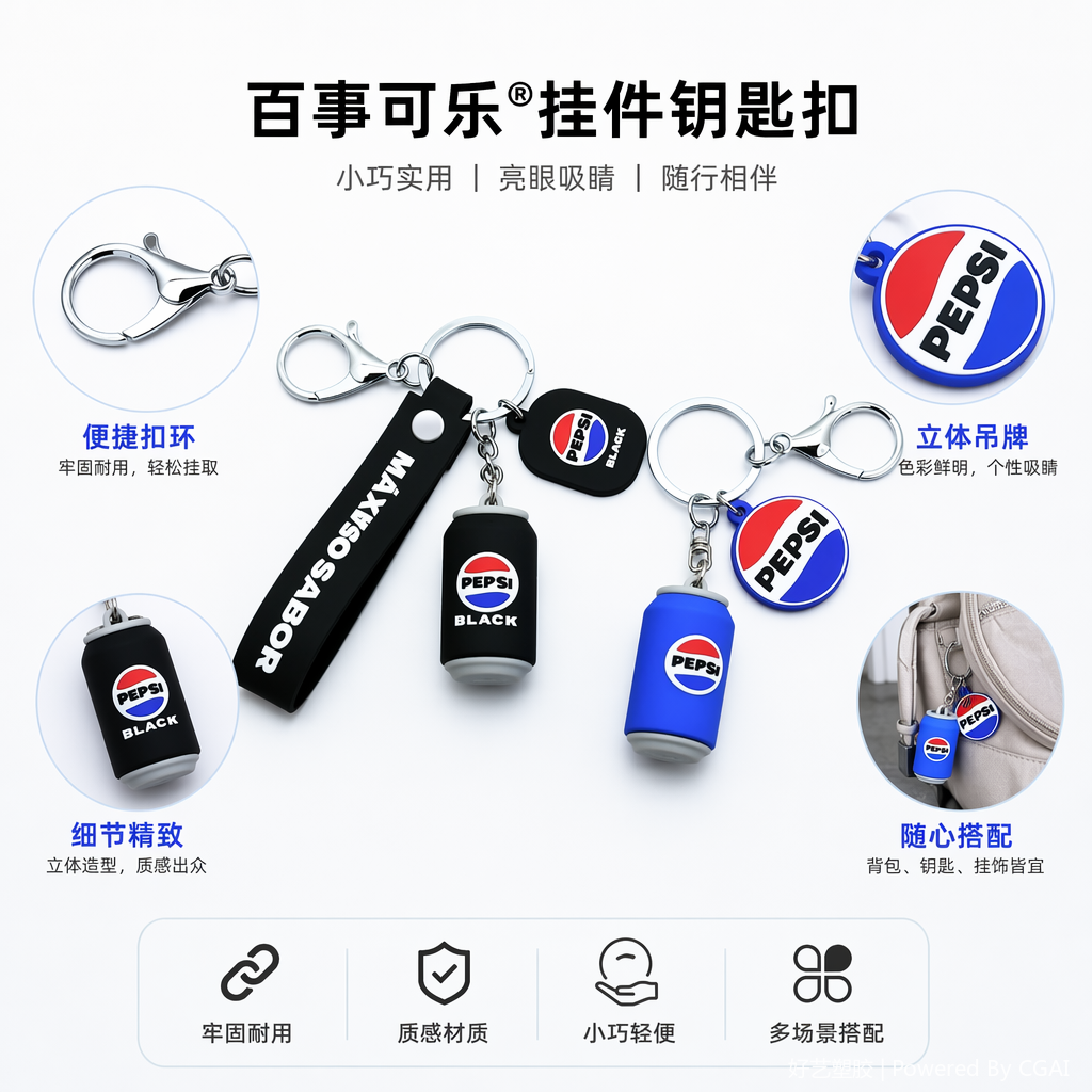 百事可乐主题钥匙扣组合 黑色PEPSI BLACK蓝色PEPSI硅胶挂件