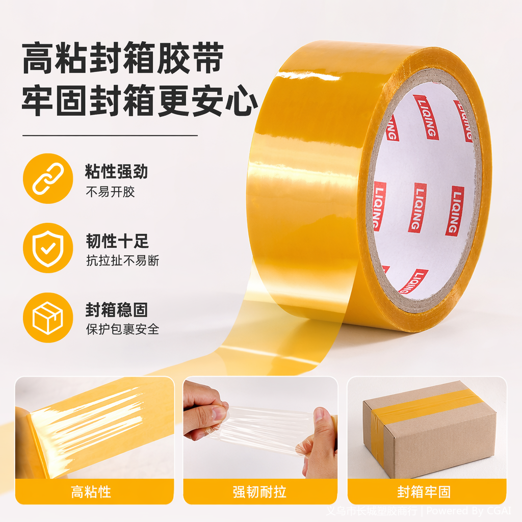 黄色封装打包胶带卷3CM透明胶纸双面胶带定制