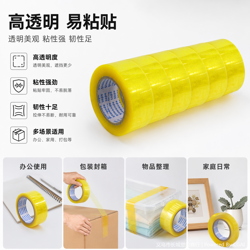 黄色封装打包胶带卷3CM 透明胶纸双面胶带可定制