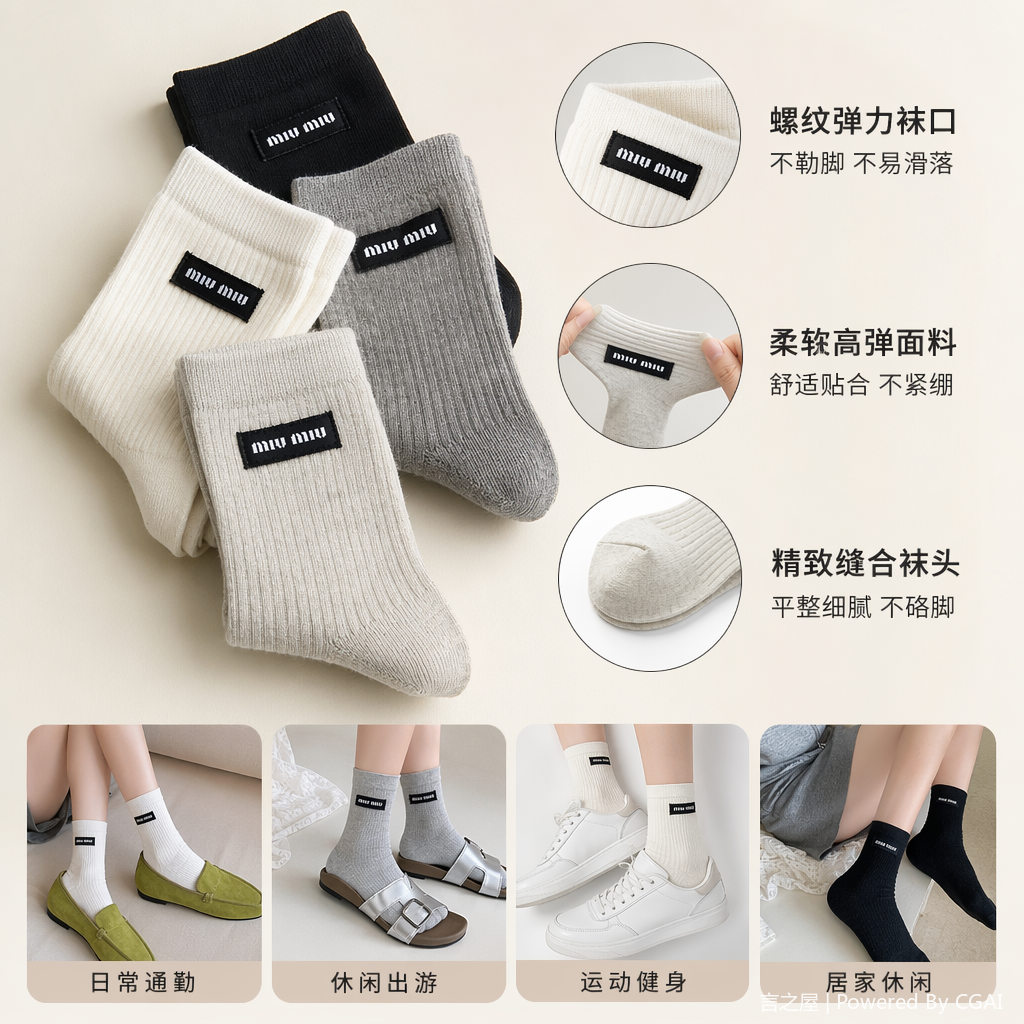 白色蕾丝边蝴蝶结女士棉袜