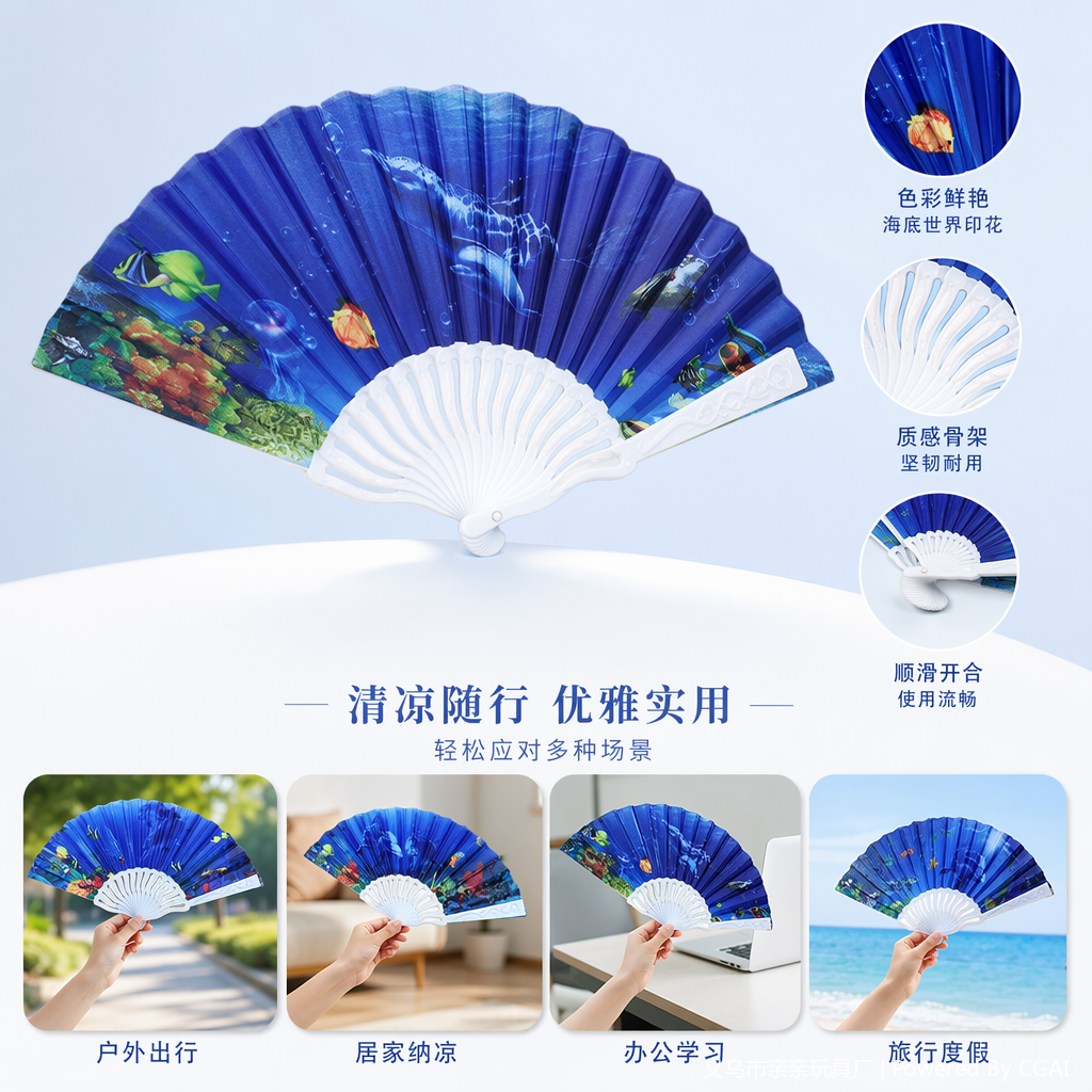 蓝色海底世界图案工艺扇 纸扇团扇折扇窄边