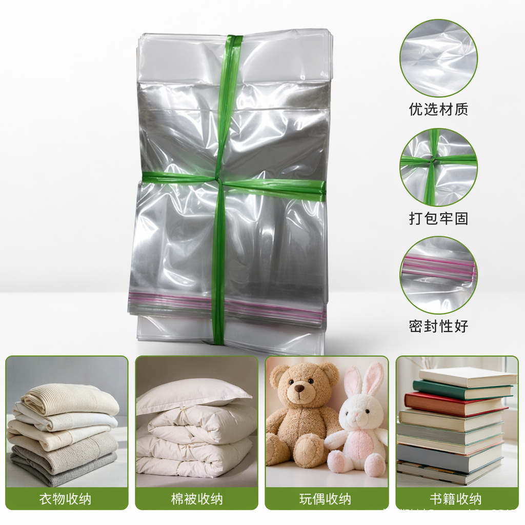 Transparent plastic film bags with green binding straps and other plastic bags