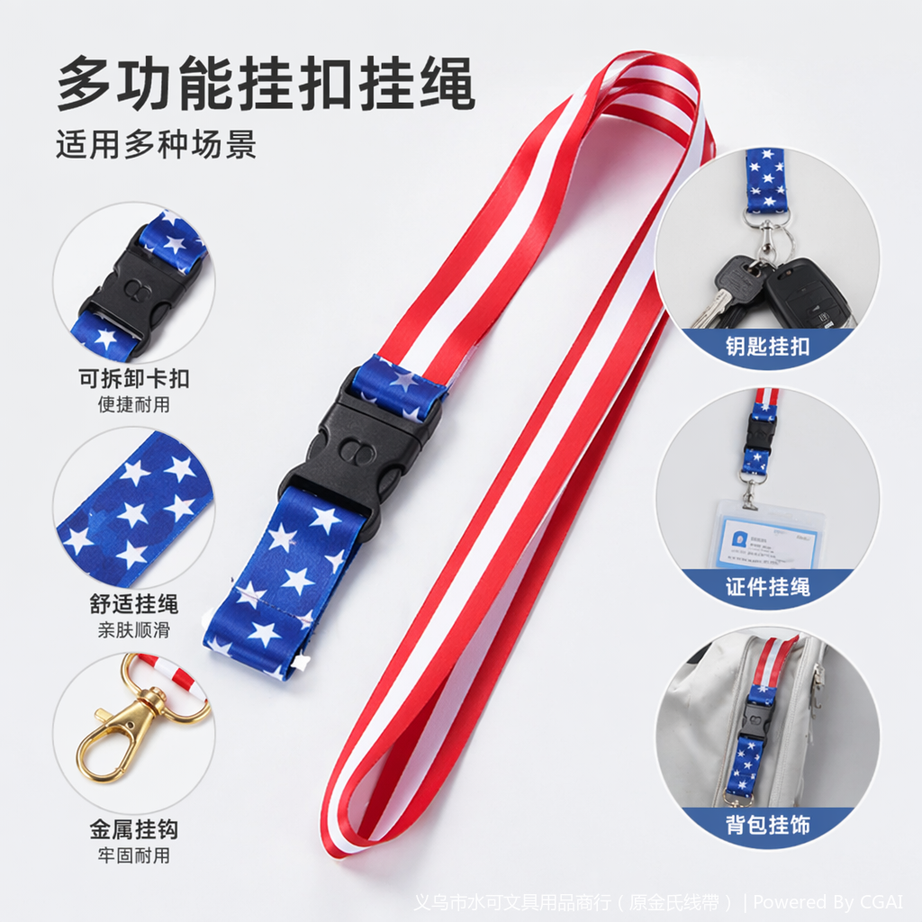 红白蓝条纹星星图案时尚防丢挂绳工牌卡套挂绳