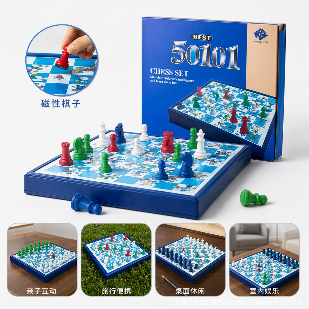 蓝色包装5合1棋牌桌游玩具套装含UNO卡牌塔罗牌国际象棋多功能棋盘