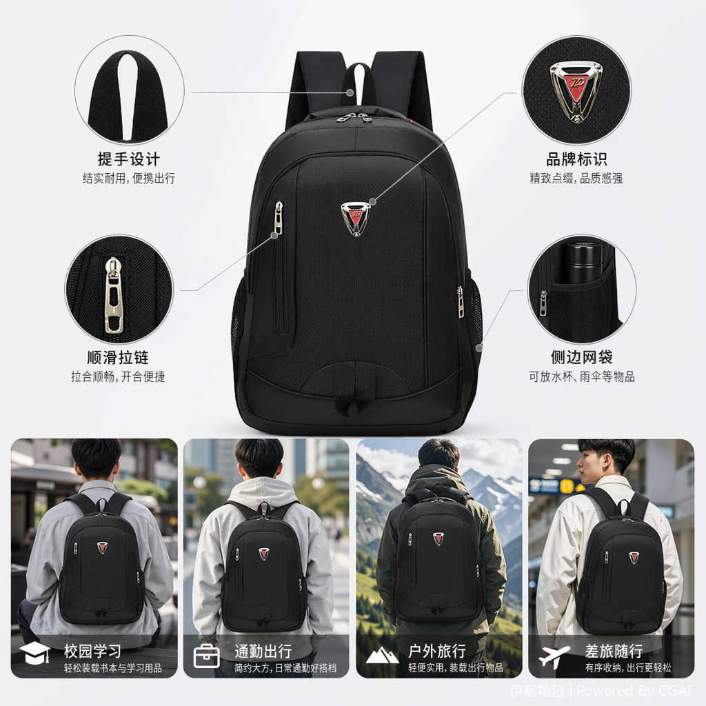 龙骧黑色简约男士上班双肩背包