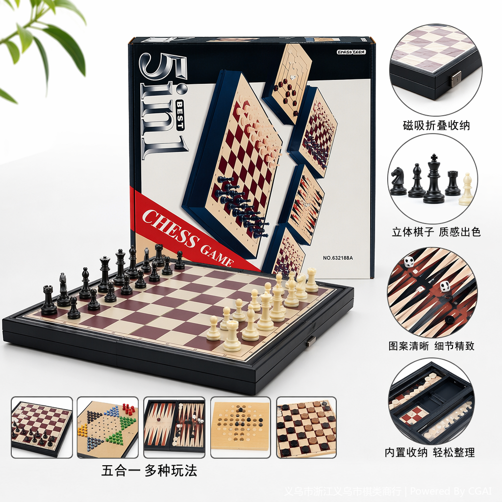 黑色包装盒装5合1棋类游戏套装 桌游UNO卡牌塔罗牌国际象棋多功能棋盘