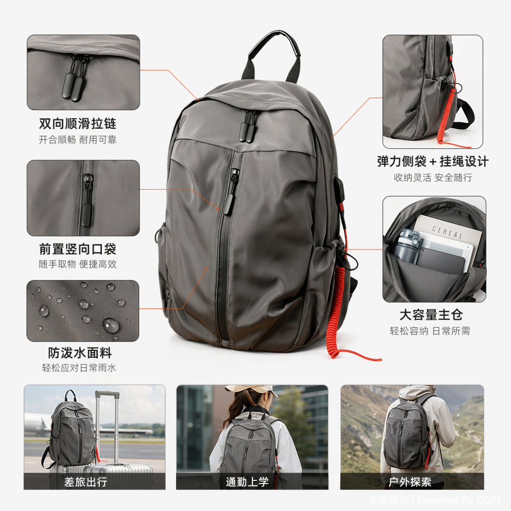 小米LED运动登山背包灰色双肩包迪卡侬同款