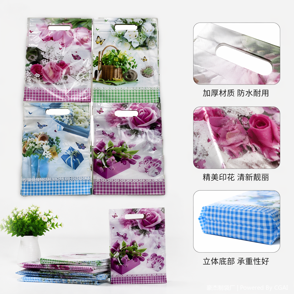 彩色花卉图案PE透明手提袋礼品袋塑料手提打包袋