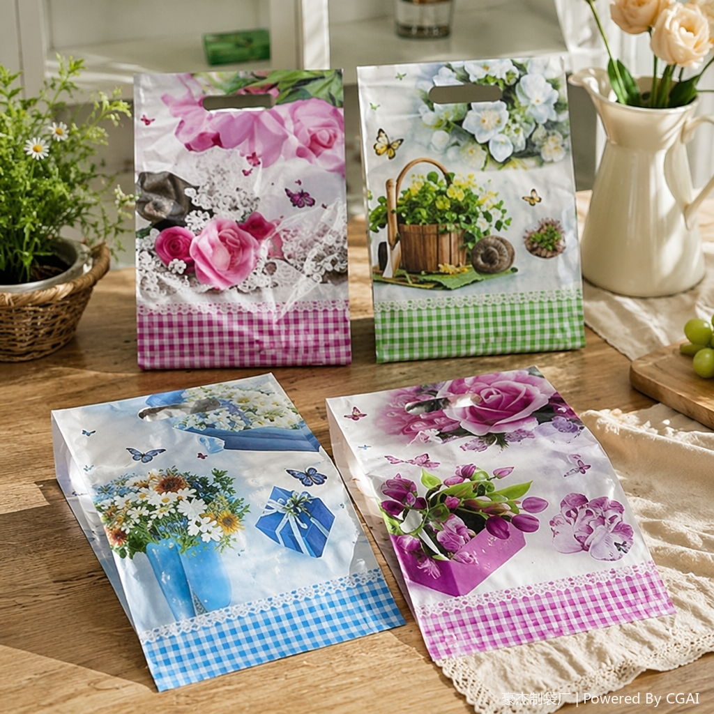 Colorful floral pattern PE transparent hand-held bag, gift bag, plastic hand-held packing bag details Picture