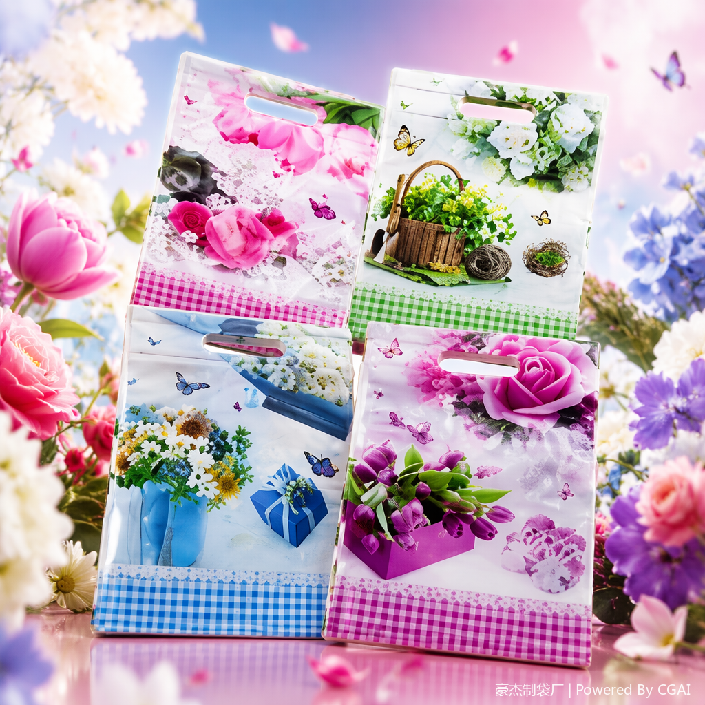 Colorful floral pattern PE transparent hand-held bag, gift bag, plastic hand-held packing bag Specification image