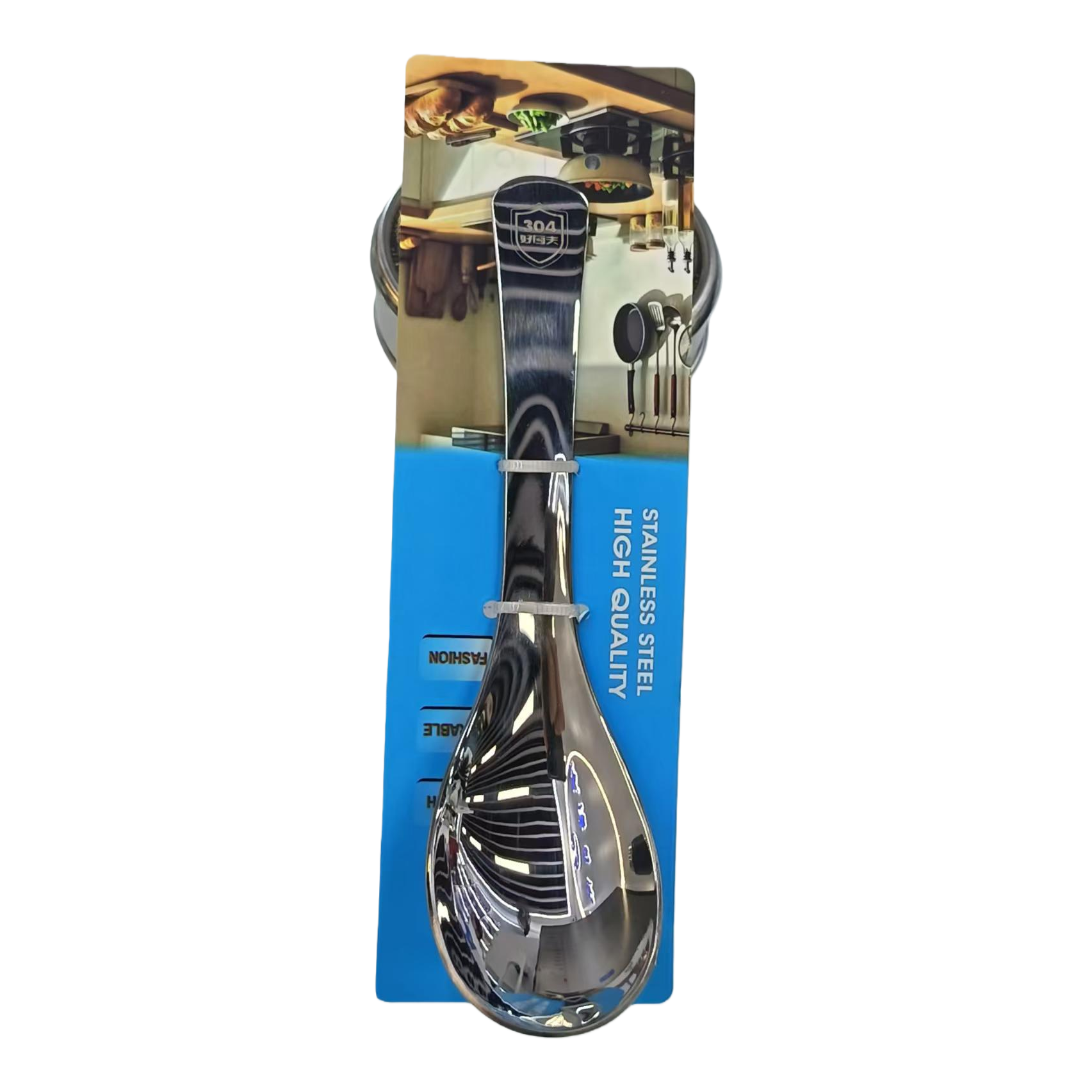 304 stainless steel soup spoon, smooth mirror surface for easy cleaning, one-piece molding for strong and durable! Proficient in ladling soup, serving porridge, separating oil and scooping noodles, a great helper in the kitchen! Item Picture