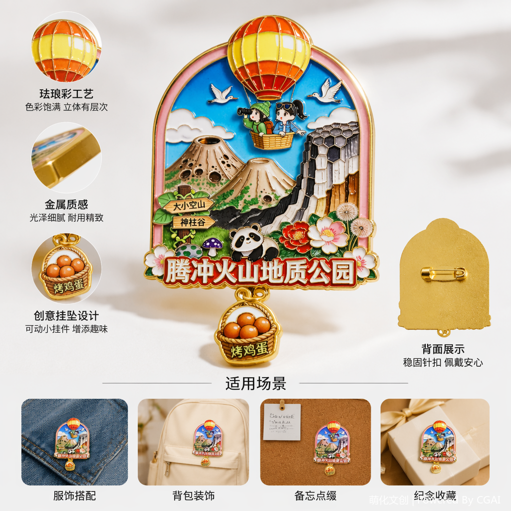 National trend Tengchong Volcano Color Metal Commemorative Badge Customized mobile phone patch badge machine Matching medal