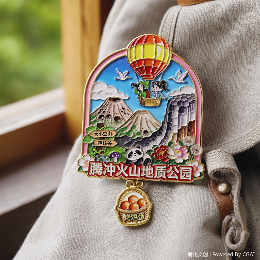 National trend Tengchong Volcano Color Metal Commemorative Badge Customized mobile phone patch badge machine Matching medal details Picture