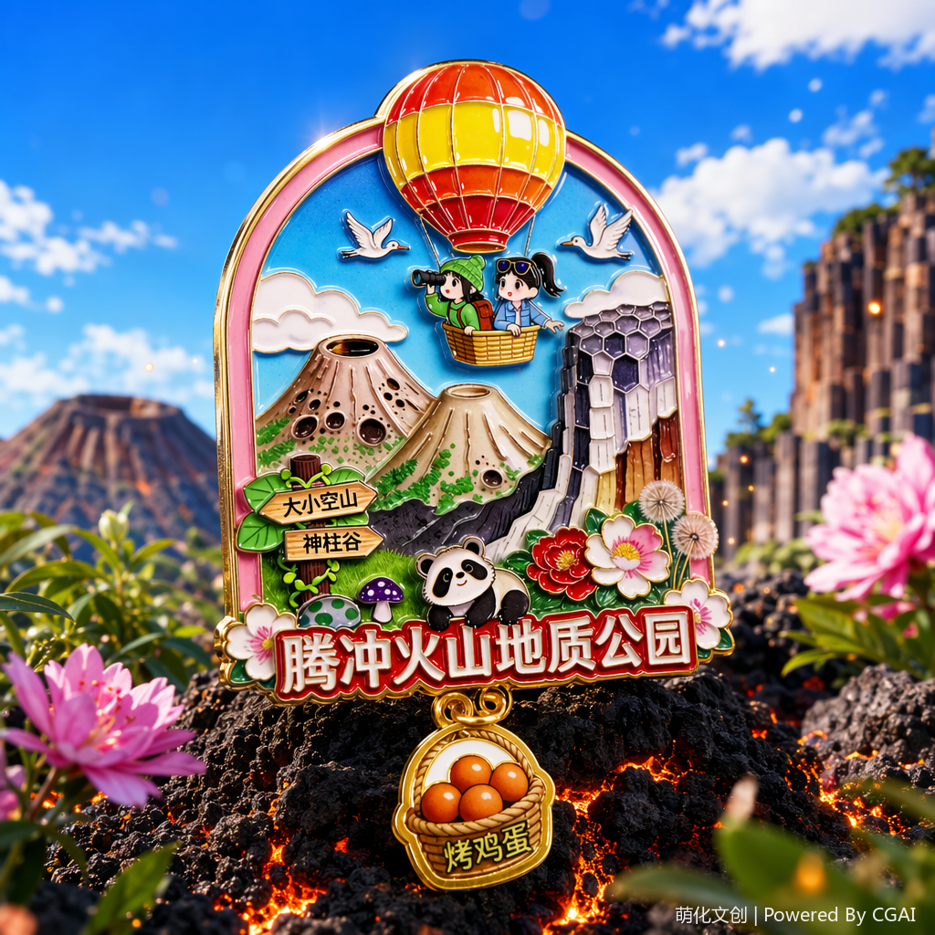National trend Tengchong Volcano Color Metal Commemorative Badge Customized mobile phone patch badge machine Matching medal Specification image