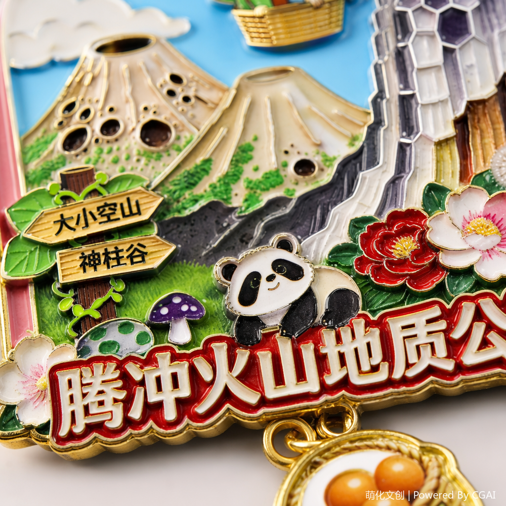 National trend Tengchong Volcano Color Metal Commemorative Badge Customized mobile phone patch badge machine Matching medal Application Scenario