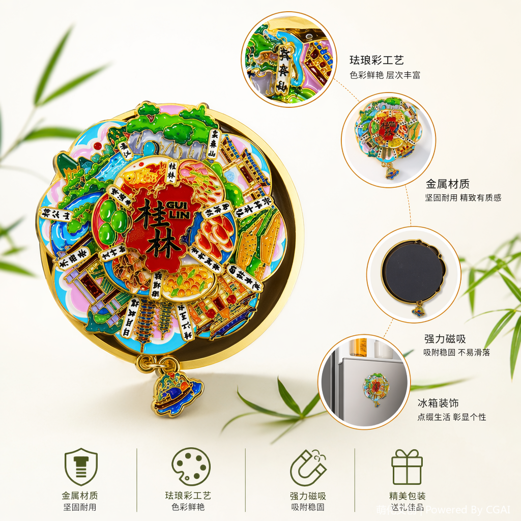 "National trend Guilin landscape architecture, cuisine, colorful metal fridge magnets, round national trend badges, pendants.