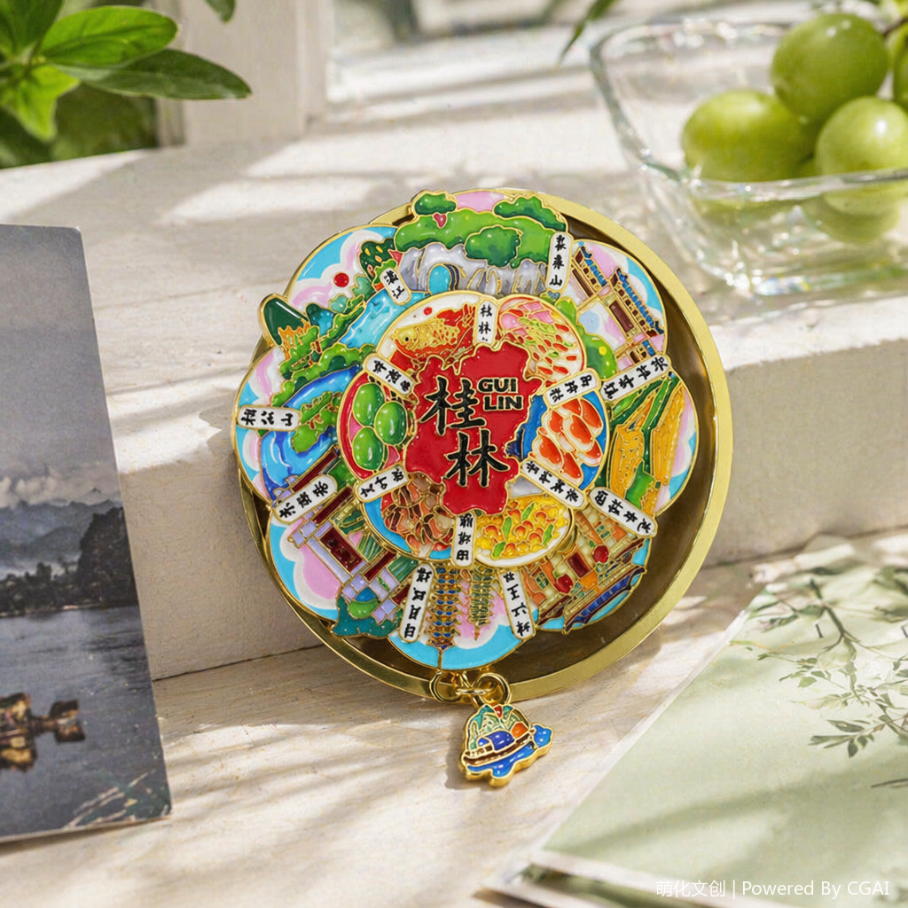 "National trend Guilin landscape architecture, cuisine, colorful metal fridge magnets, round national trend badges, pendants. details Picture