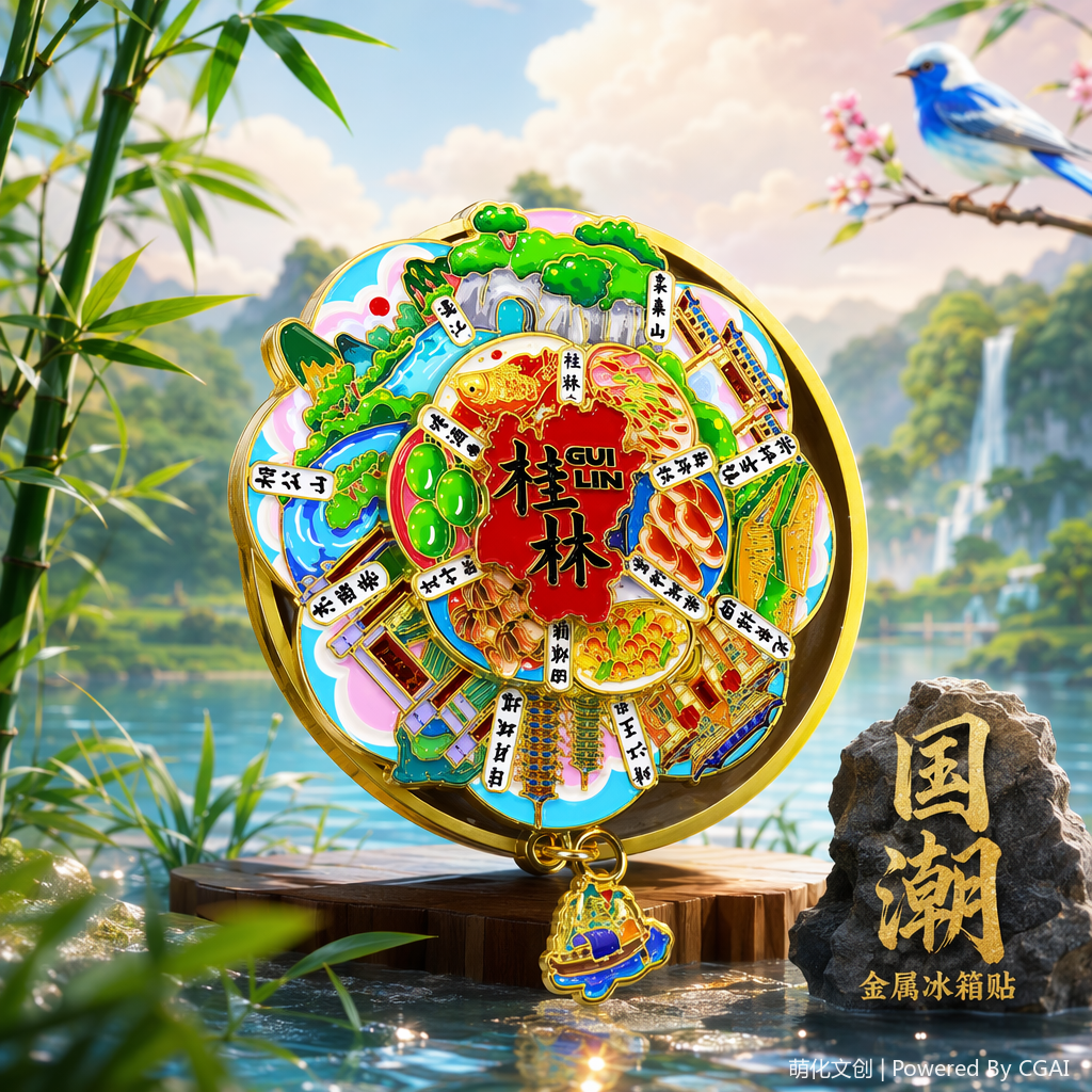 "National trend Guilin landscape architecture, cuisine, colorful metal fridge magnets, round national trend badges, pendants. Specification image