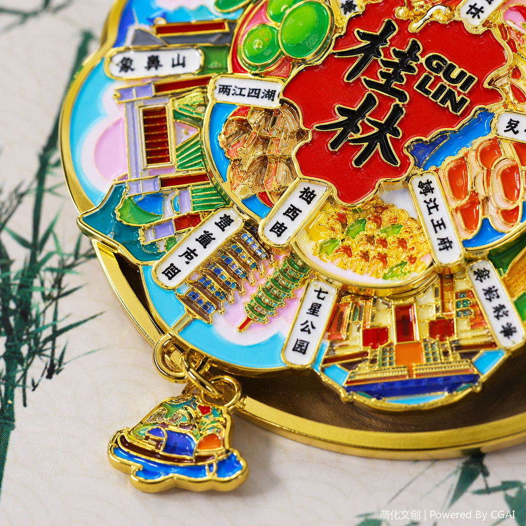"National trend Guilin landscape architecture, cuisine, colorful metal fridge magnets, round national trend badges, pendants. Application Scenario
