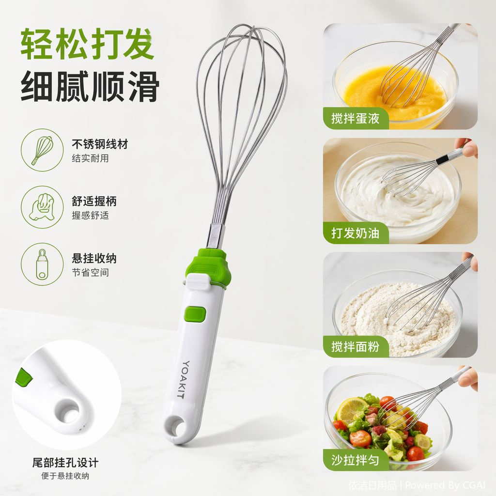 Silver metal egg beater with white handle and green grip, a kitchen baking and stirring tool Specification image