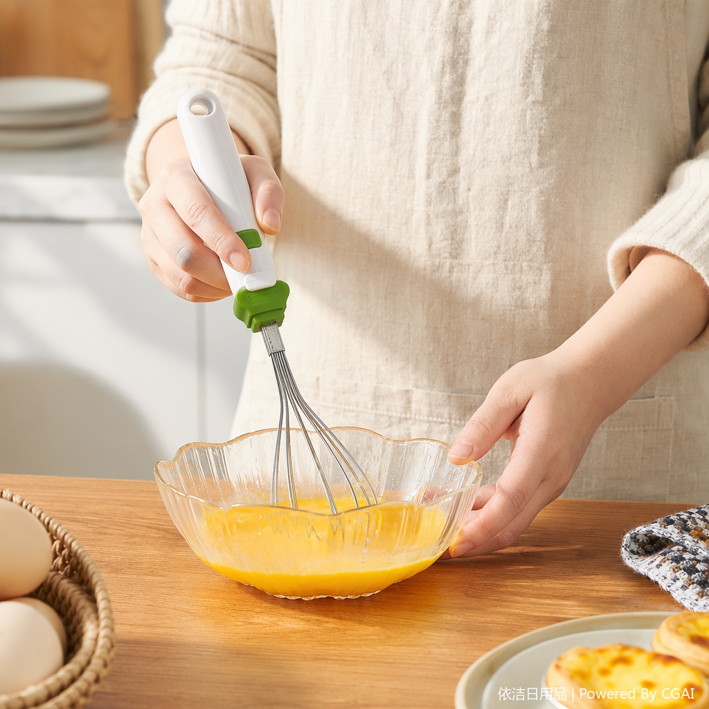 Silver metal egg beater with white handle and green grip, a kitchen baking and stirring tool details Picture