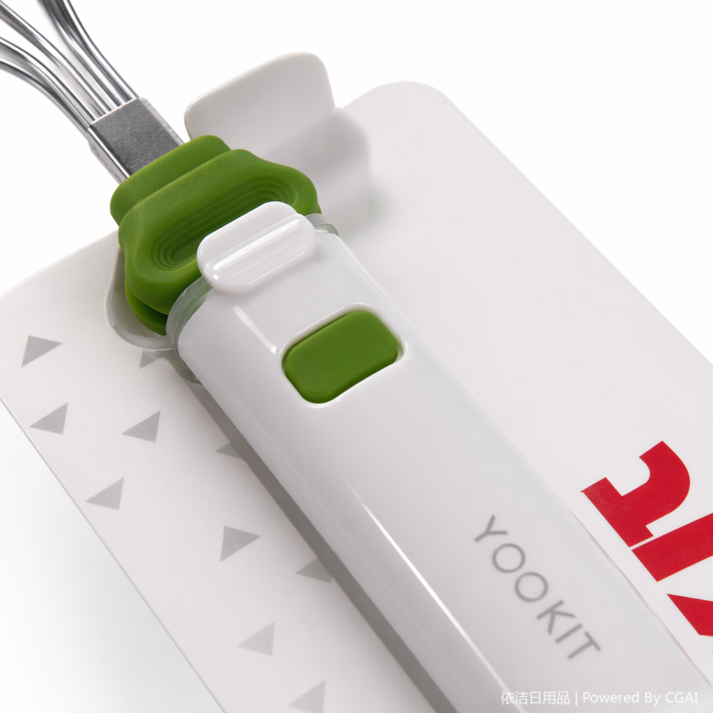 Silver metal egg beater with white handle and green grip, a kitchen baking and stirring tool Application Scenario