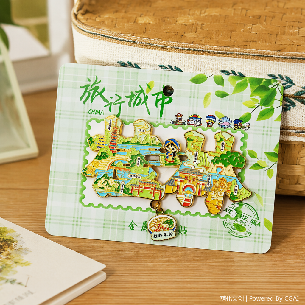 "National trend Guilin landscape refrigerator sticker Metal badge Green checkered background Travel City CHINA Customized mobile phone sticker. details Picture