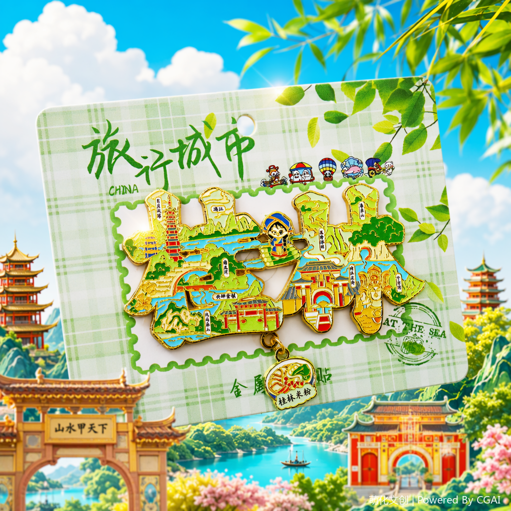 "National trend Guilin landscape refrigerator sticker Metal badge Green checkered background Travel City CHINA Customized mobile phone sticker. Specification image