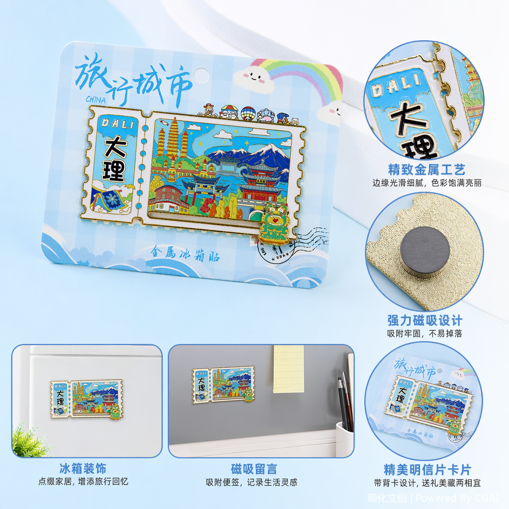 The colorful tourism commemorative metal fridge magnet with the theme of Dali-themed national trend features ticket stubs in the shape of ancient buildings such as Cangshan Mountain, Erhai Lake, Chongsheng Temple and the Three Pagodas