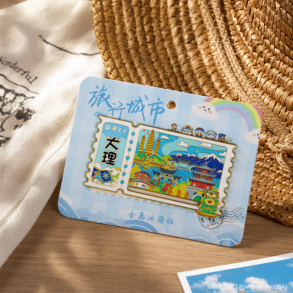 The colorful tourism commemorative metal fridge magnet with the theme of Dali-themed national trend features ticket stubs in the shape of ancient buildings such as Cangshan Mountain, Erhai Lake, Chongsheng Temple and the Three Pagodas details Picture