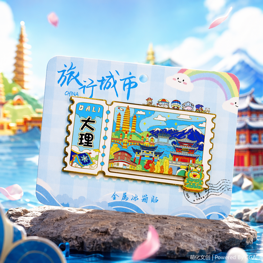 The colorful tourism commemorative metal fridge magnet with the theme of Dali-themed national trend features ticket stubs in the shape of ancient buildings such as Cangshan Mountain, Erhai Lake, Chongsheng Temple and the Three Pagodas Specification image