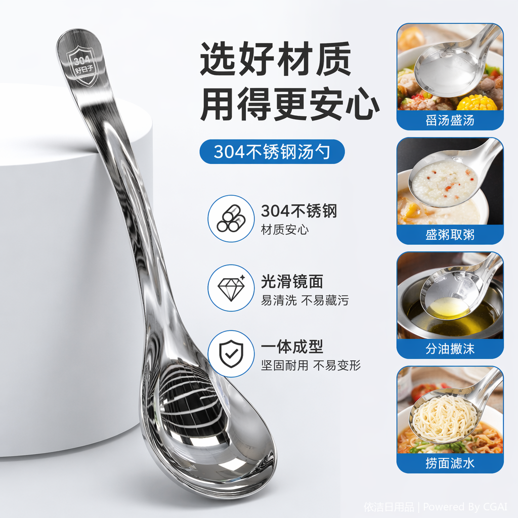 304 stainless steel soup spoon, smooth mirror surface for easy cleaning, one-piece molding for strong and durable! Proficient in ladling soup, serving porridge, separating oil and scooping noodles, a great helper in the kitchen!