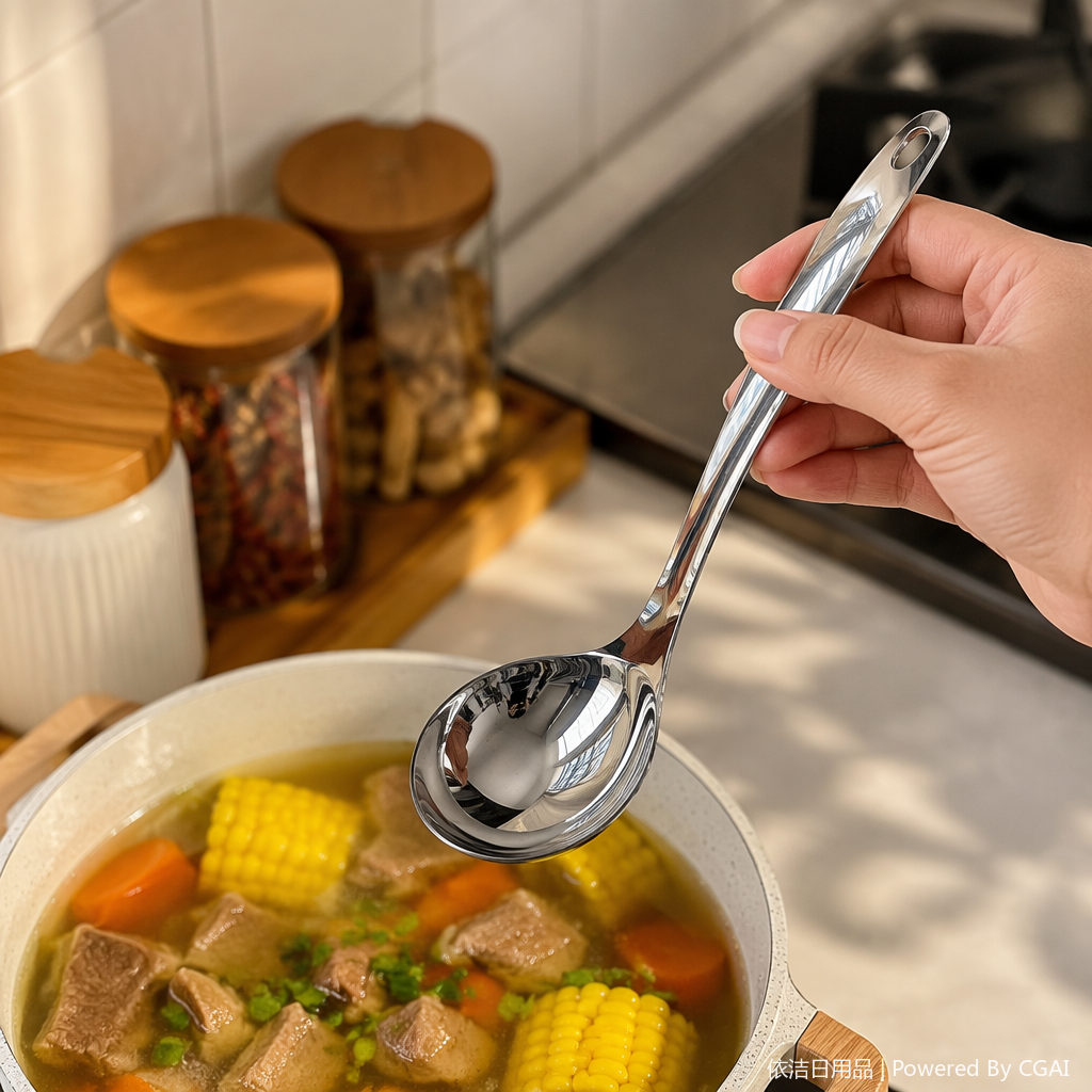 304 stainless steel soup spoon, smooth mirror surface for easy cleaning, one-piece molding for strong and durable! Proficient in ladling soup, serving porridge, separating oil and scooping noodles, a great helper in the kitchen! details Picture