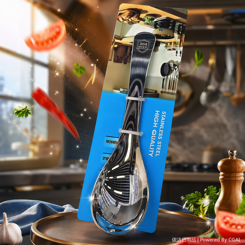 304 stainless steel soup spoon, smooth mirror surface for easy cleaning, one-piece molding for strong and durable! Proficient in ladling soup, serving porridge, separating oil and scooping noodles, a great helper in the kitchen! Specification image