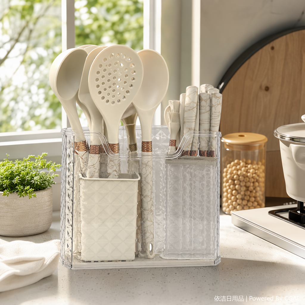 16-piece kitchen utensset, cream style design + marble-patterned handle, transparent storage box is both practical and of high appearance level, a great helper in the kitchen!