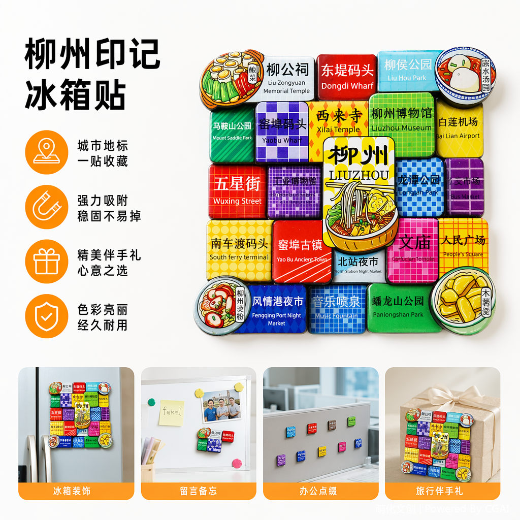 国潮柳州城市冰箱贴彩色磁贴组合白板磁扣强磁磁铁挂钩文具磁吸