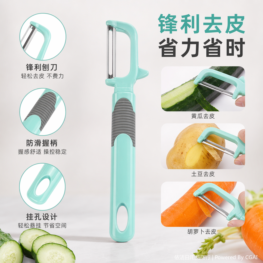 浅绿色蔬果刨丝器三件套含水果挖球勺削皮刀灰色防滑握柄金属刀片